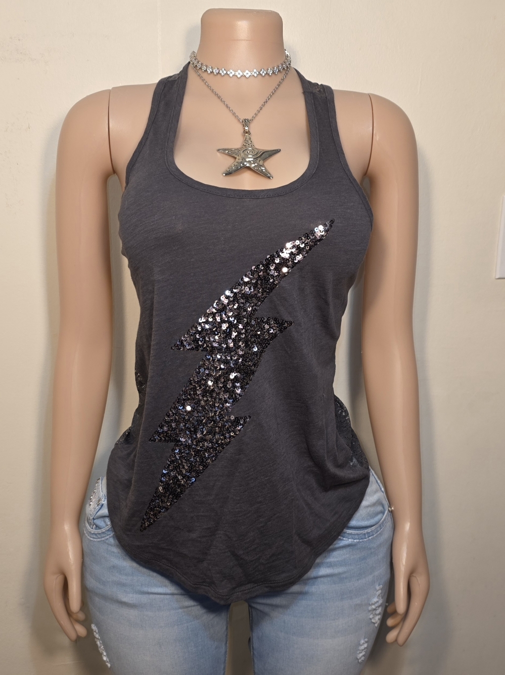 Express Charcoal Racerback Tank with Sequin Lightning Bolt